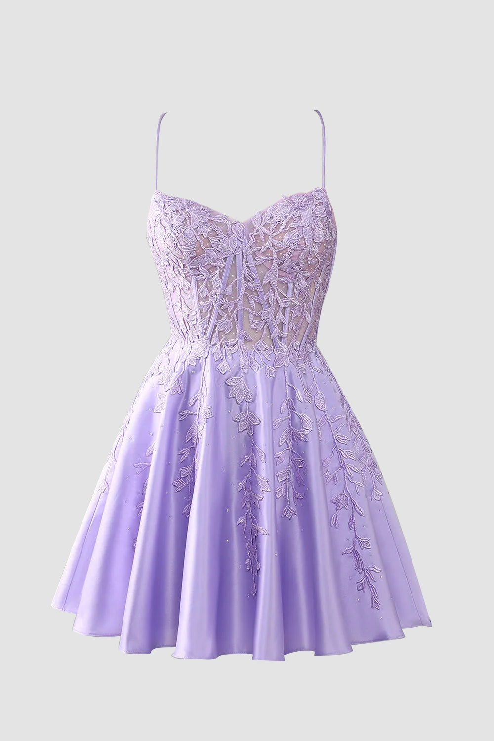 Hermoso vestido de fiesta azul rey con corsé, tirantes finos y corte en A con apliques