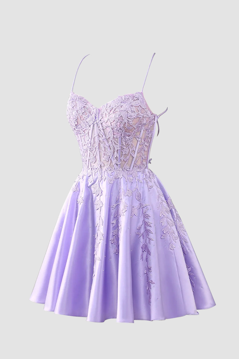 Hermoso vestido de fiesta azul rey con corsé, tirantes finos y corte en A con apliques