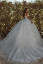 Precioso vestido de novia de tul con encaje y lentejuelas, tirantes finos y corte en A