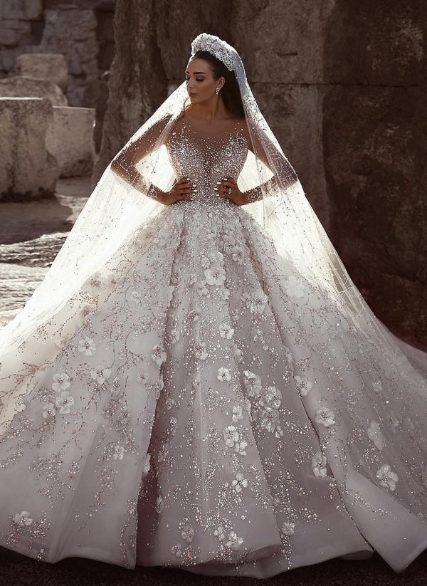 Gorgeous Beading Floral Bridal Wears Sheer Neck Long Sleeves Princess Wedding Dress