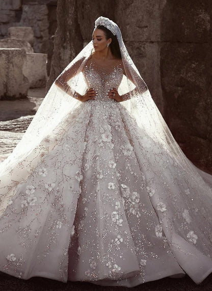 Gorgeous Beading Floral Bridal Wears Sheer Neck Long Sleeves Princess Wedding Dress