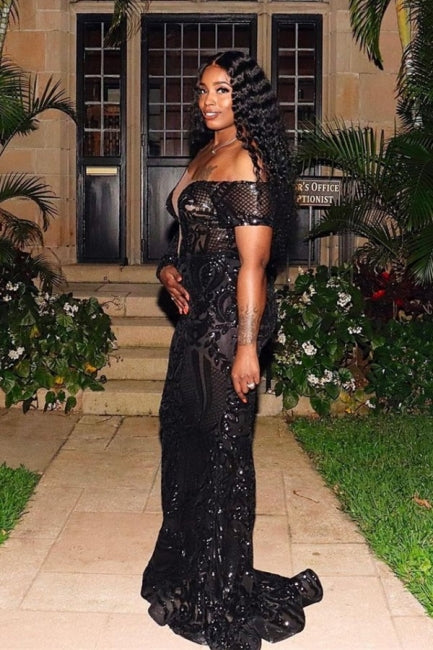 Wunderschönes schwarzes Meerjungfrau-Ballkleid mit einer Schulter und langen Ärmeln