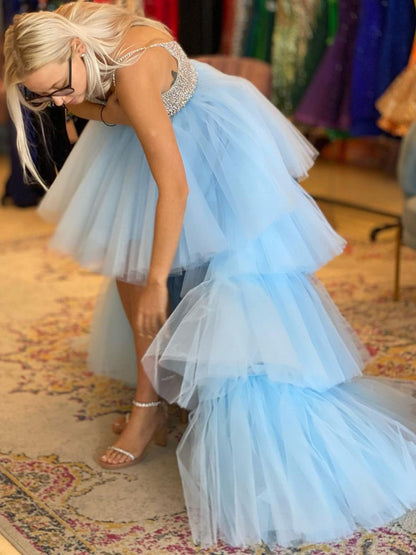 Gorgeous Blue High Low A-line V Neck Beaded Tulle Prom Dresses with Train