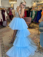 Hermosos vestidos de fiesta de tul con cuentas, escote en V, corte A, azul alto y bajo, con cola