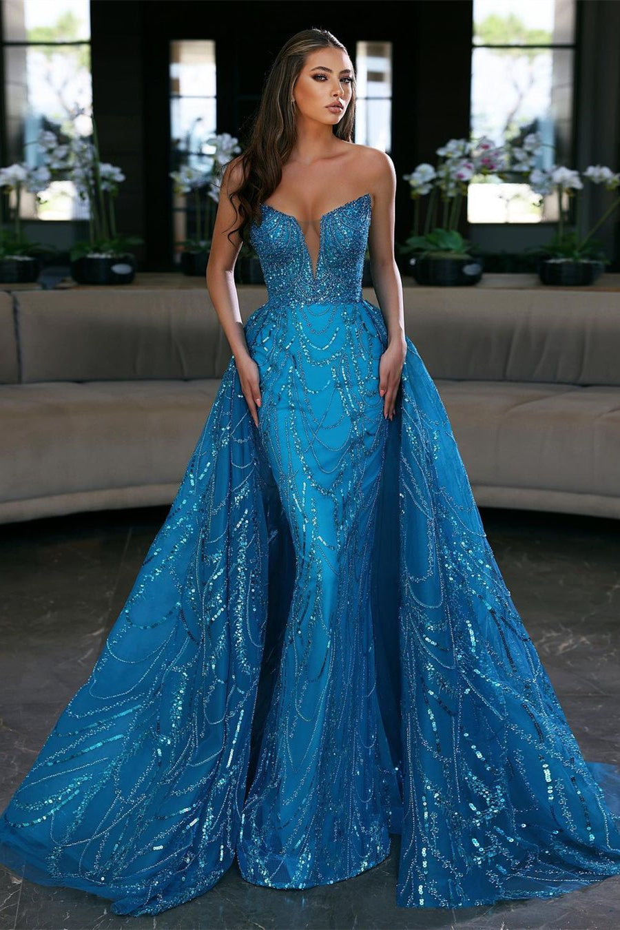 Gorgeous Blue Long Mermaid Sleeveless Prom Dress With Detachable Train