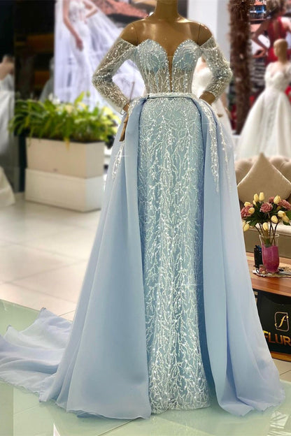 Wunderschönes blaues schulterfreies, langärmliges A-Linien-Ballkleid mit Perlenbesatz