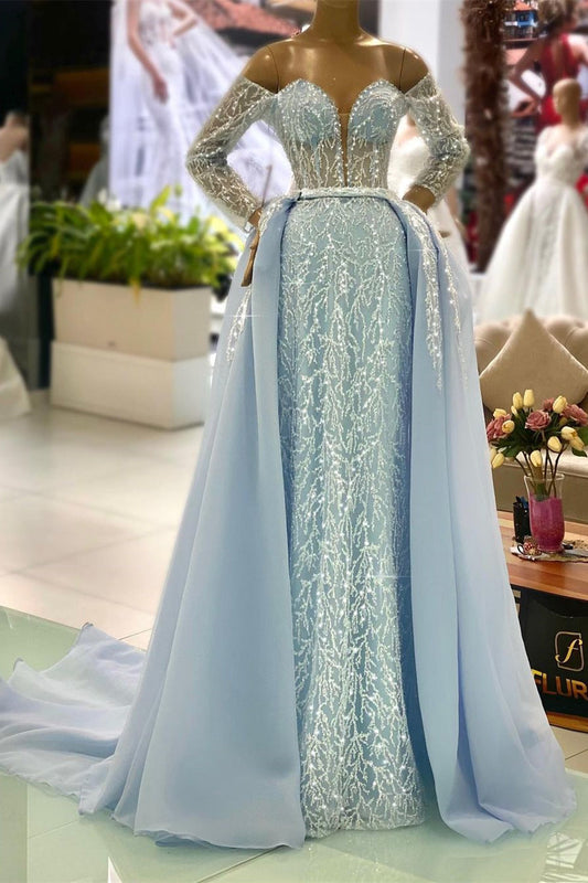 Wunderschönes blaues schulterfreies, langärmliges A-Linien-Ballkleid mit Perlenbesatz