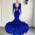 Hermosos vestidos de fiesta de sirena con escote en V, lentejuelas azules, manga larga y largo hasta el suelo