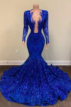 Hermosos vestidos de fiesta de sirena con escote en V, lentejuelas azules, manga larga y largo hasta el suelo