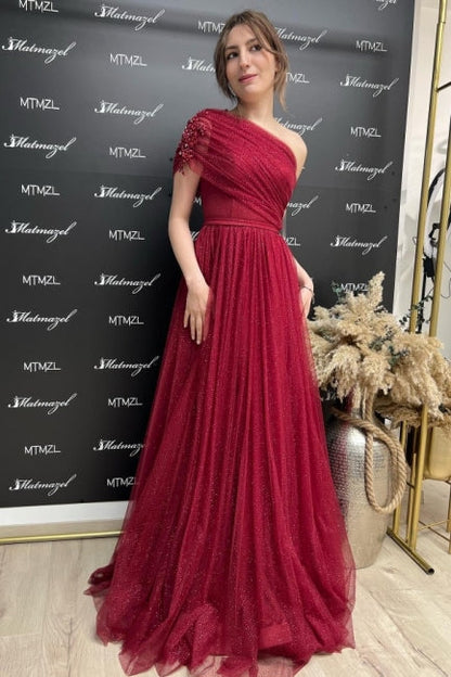 Gorgeous Burgundy Long Glitter A-line One Shoulder Sleeveless Evening Dresses With Slit