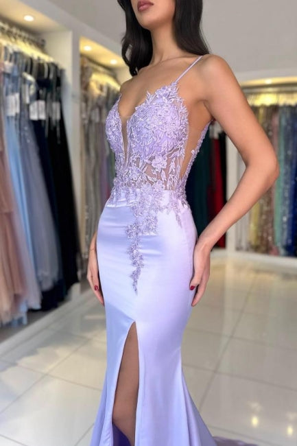Hermosos vestidos de fiesta de satén con encaje, escote en V, sin mangas y apliques abiertos