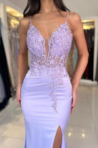 Hermosos vestidos de fiesta de satén con encaje, escote en V, sin mangas y apliques abiertos