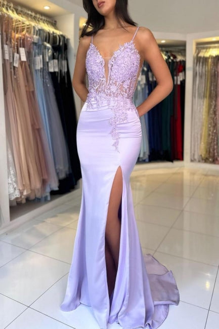 Hermosos vestidos de fiesta de satén con encaje, escote en V, sin mangas y apliques abiertos