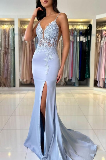 Wunderschönes säulenförmiges Satin-Spaghettiträger-ärmelloses Ballkleid mit Applikationen