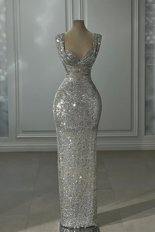 Wunderschönes säulenförmiges, schulterfreies, ärmelloses silbernes Ballkleid mit Pailletten