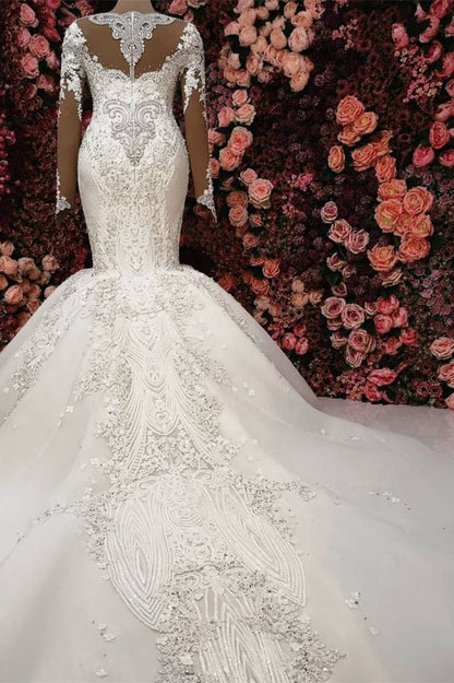 Gorgeous Crystals Mermaid Bridal Wears Long Sleeves Chapel Train Wedding Dress