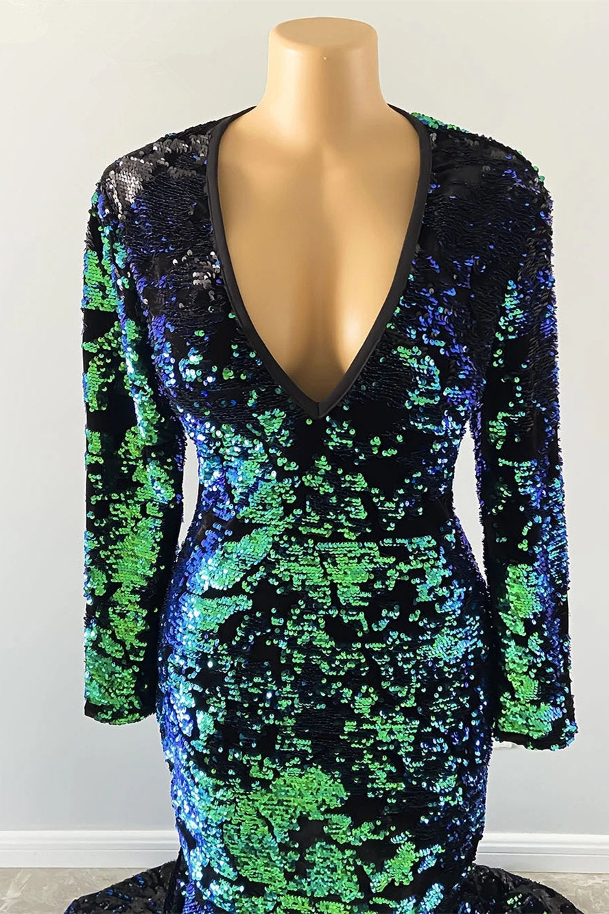 Gorgeous Dark Green V-neck Long Sleeve Floor-length Mermaid Prom Dresses