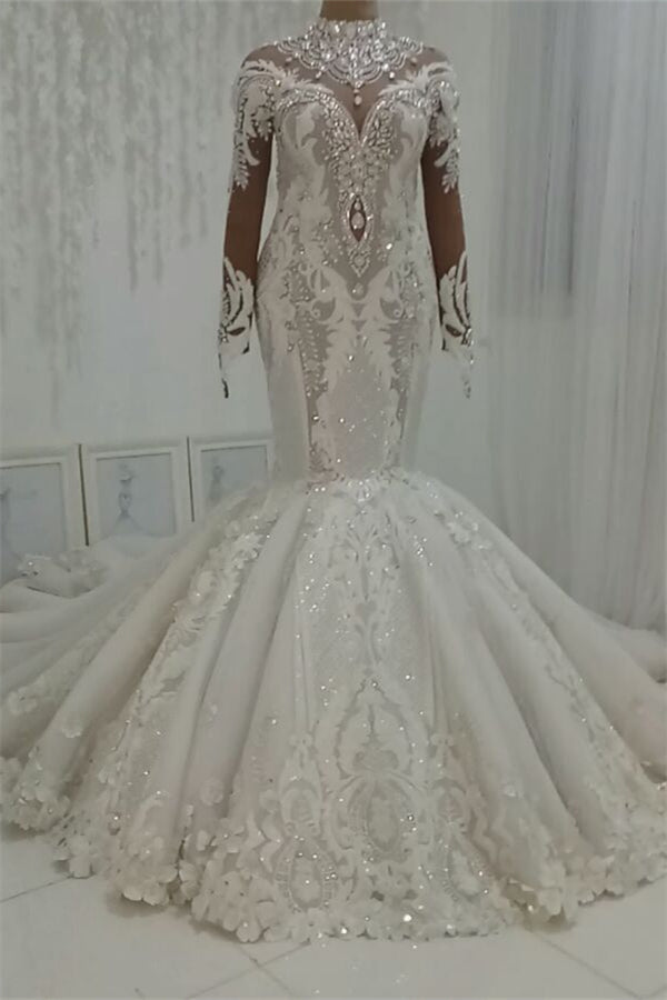 Wunderschönes, glamouröses, perlenbesetztes Brautkleid im Meerjungfrauen-Stil mit hohem Ausschnitt