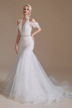 Hermosos vestidos de novia de tul hasta el suelo, estilo sirena, sin mangas y con cuello halter y apliques