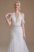 Hermosos vestidos de novia de tul hasta el suelo, estilo sirena, sin mangas y con cuello halter y apliques