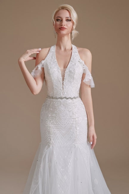 Hermosos vestidos de novia de tul hasta el suelo, estilo sirena, sin mangas y con cuello halter y apliques