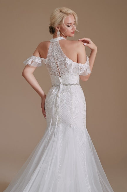Hermosos vestidos de novia de tul hasta el suelo, estilo sirena, sin mangas y con cuello halter y apliques
