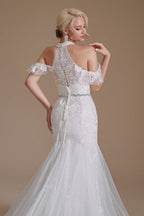 Hermosos vestidos de novia de tul hasta el suelo, estilo sirena, sin mangas y con cuello halter y apliques
