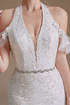 Hermosos vestidos de novia de tul hasta el suelo, estilo sirena, sin mangas y con cuello halter y apliques