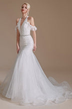 Hermosos vestidos de novia de tul hasta el suelo, estilo sirena, sin mangas y con cuello halter y apliques