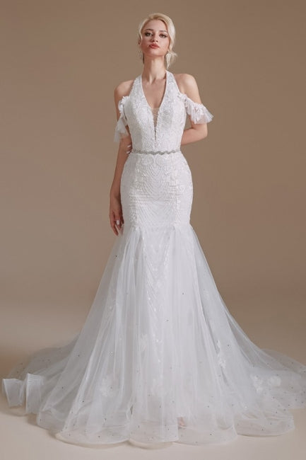 Hermosos vestidos de novia de tul hasta el suelo, estilo sirena, sin mangas y con cuello halter y apliques