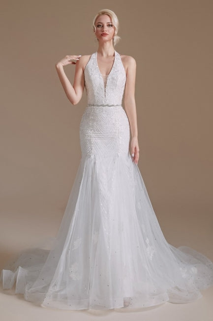 Hermosos vestidos de novia de tul hasta el suelo, estilo sirena, sin mangas y con cuello halter y apliques