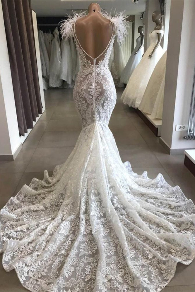 Gorgeous Hollow Sweetheart Lace Long Wedding Dress with Fur Neckline