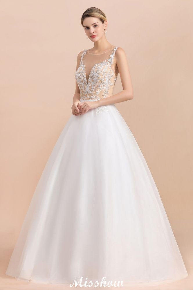 Wunderschönes ärmelloses weißes Ballkleid mit Illusionsausschnitt und Knopfleiste
