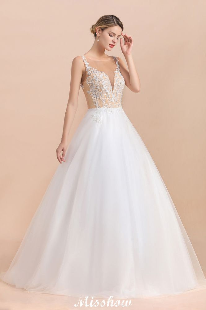 Wunderschönes ärmelloses weißes Ballkleid mit Illusionsausschnitt und Knopfleiste