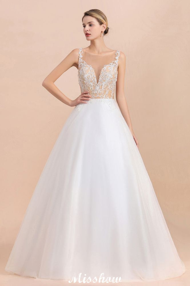 Wunderschönes ärmelloses weißes Ballkleid mit Illusionsausschnitt und Knopfleiste