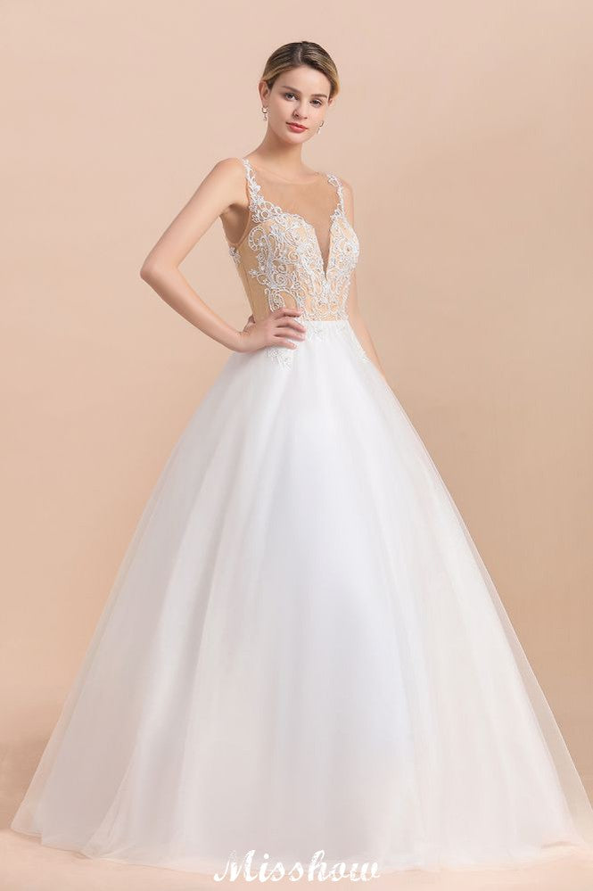 Wunderschönes ärmelloses weißes Ballkleid mit Illusionsausschnitt und Knopfleiste