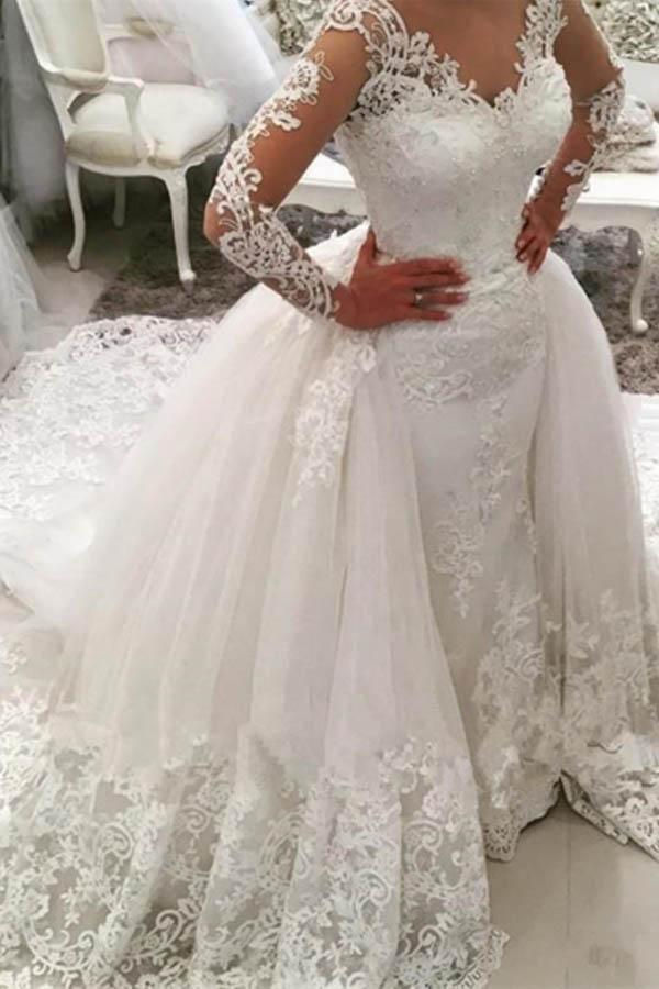 Gorgeous Ivory Long Mermaid V-Neck Appliques Lace Wedding Dress with Sleeves