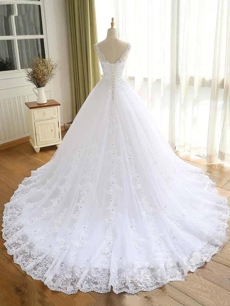 Wunderschöne Spitze Perlen Brautkleid Neue Ankunft V-Ausschnitt Riemen Lange Prinzessin Hochzeit Party Brautkleid