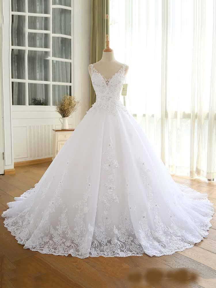 Wunderschöne Spitze Perlen Brautkleid Neue Ankunft V-Ausschnitt Riemen Lange Prinzessin Hochzeit Party Brautkleid