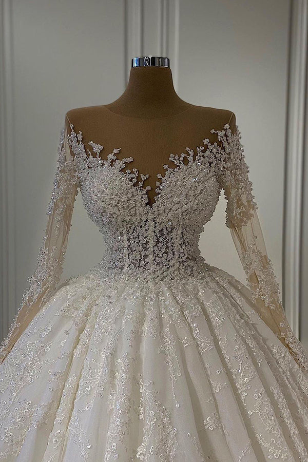 Wunderschönes Ballkleid-Brautkleid mit langen Ärmeln und Spitze 