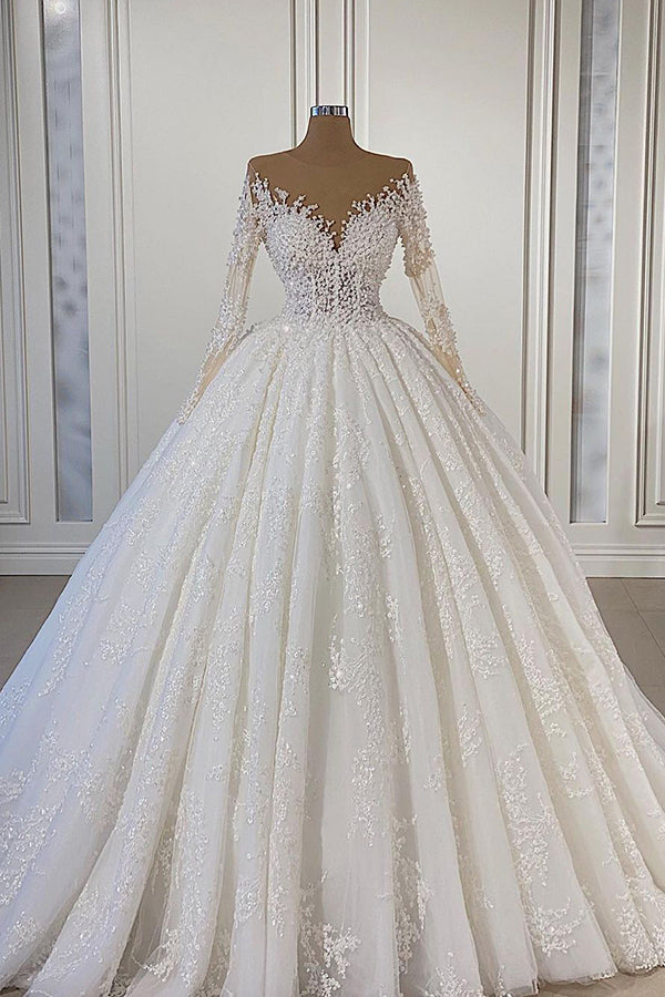 Wunderschönes Ballkleid-Brautkleid mit langen Ärmeln und Spitze 