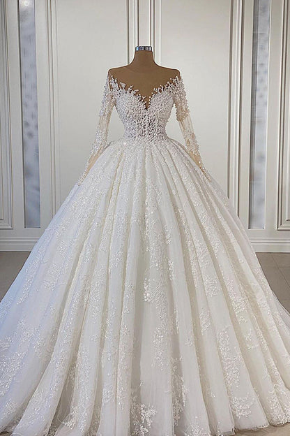 Gorgeous Lace Long Sleeve Beads Ball Gown Wedding Dress