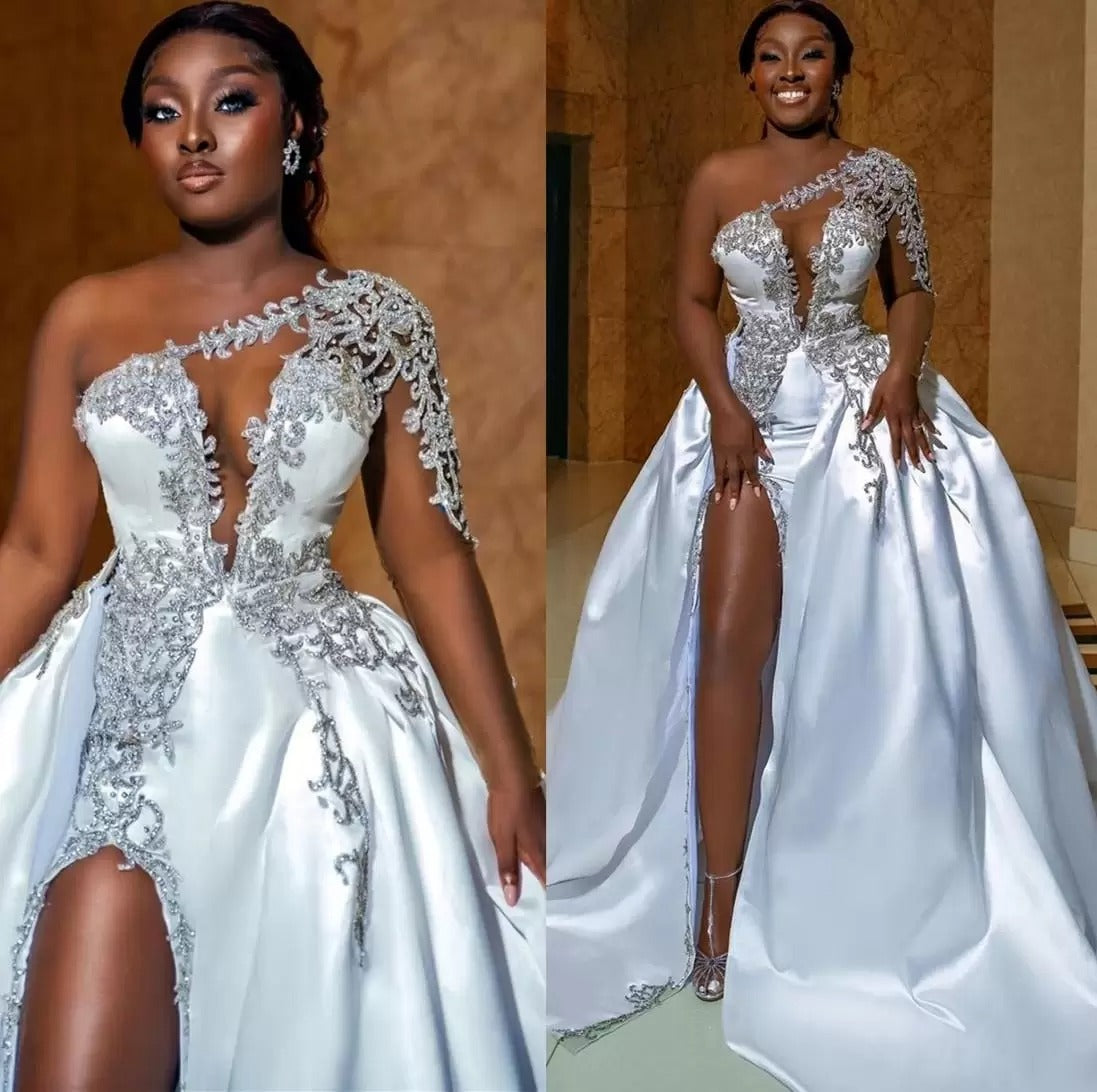 Gorgeous Long A-line One Shoulder Beading Wedding Dress With Slit