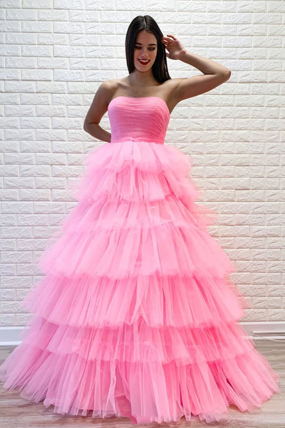 Hermoso vestido de fiesta largo de tul en capas, sin tirantes, corte A, color rosa, vestidos de noche formales