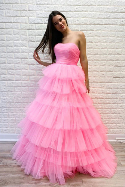 Hermoso vestido de fiesta largo de tul en capas, sin tirantes, corte A, color rosa, vestidos de noche formales