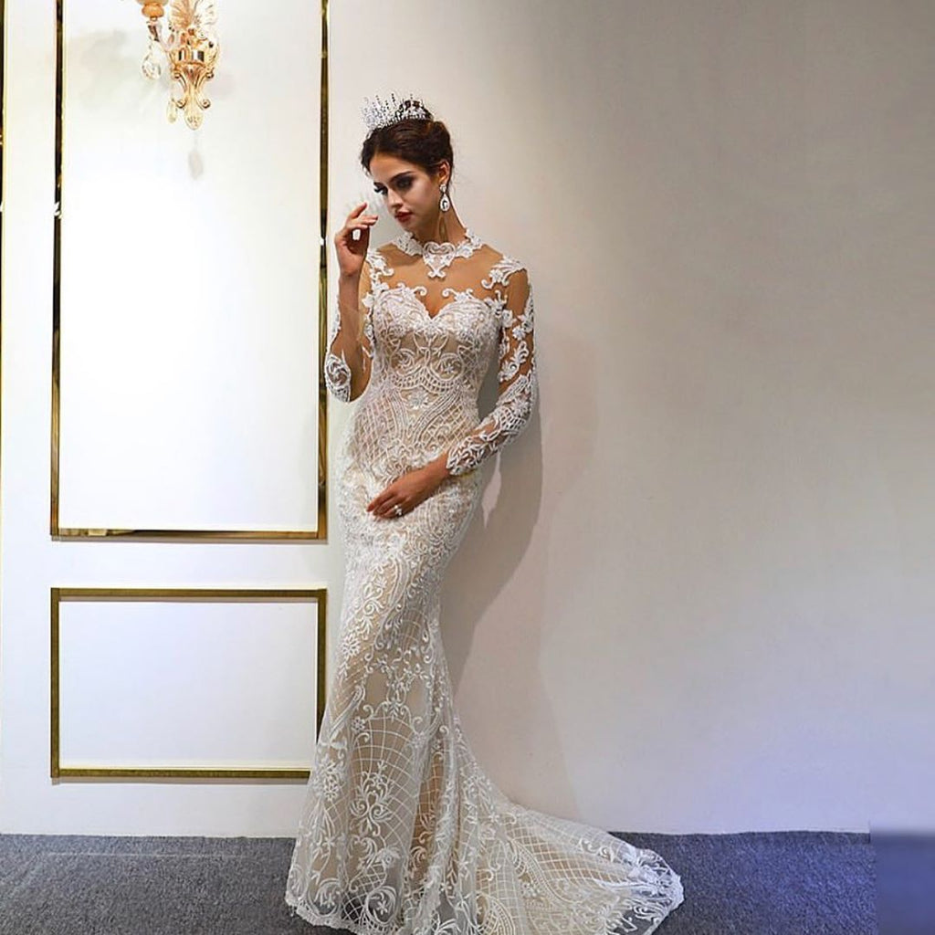Wunderschönes langes A-Linien-Brautkleid mit Herzausschnitt, Applikationen und Spitze und Ärmeln