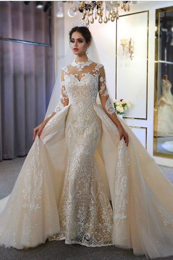 Wunderschönes langes A-Linien-Brautkleid mit Herzausschnitt, Applikationen und Spitze und Ärmeln