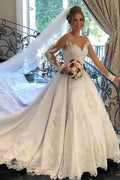 Precioso vestido de novia largo de tul con encaje satinado y escote en forma de A con mangas