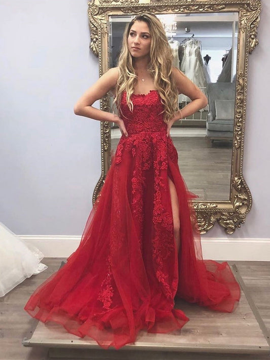 Wunderschönes langes A-Linien-Ballkleid mit Tüllapplikationen und Spitze und hohem Schlitz