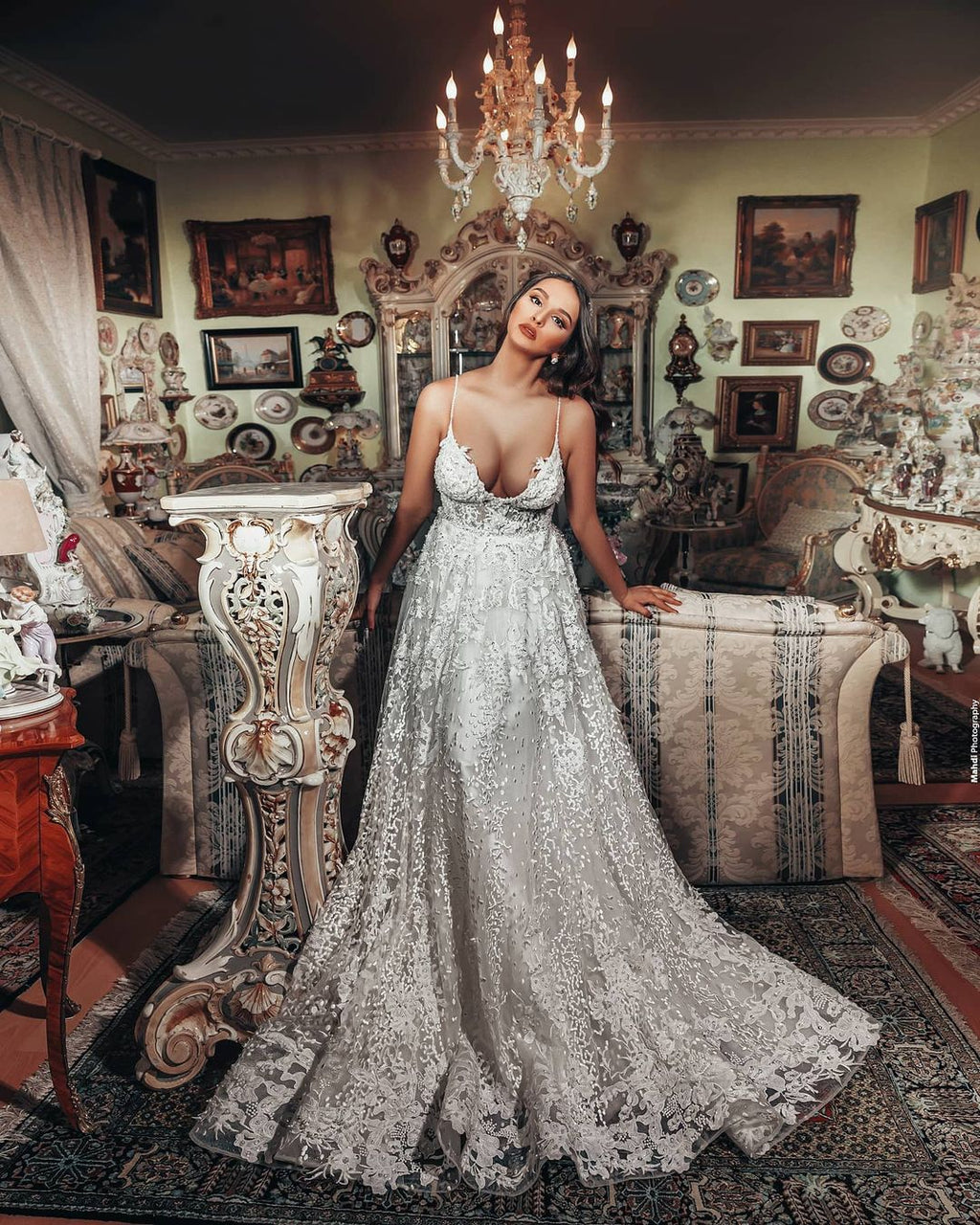 Gorgeous Long A-line V-neck 3D Floral Lace Wedding Dress
